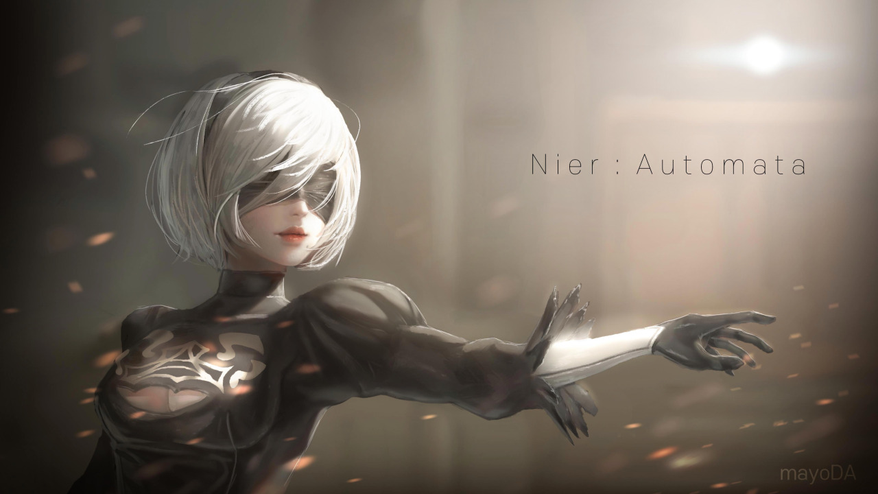 Скачать обои девушка, искры, NieR: Automata, YoRHa No. 2 Type B,  протягивает руку, раздел игры в разрешении 1280x720