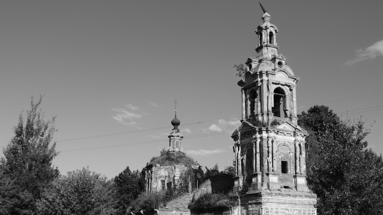 небо, мрак, деревня, церковь, заброшенный, черно-белое, купол, мрачность