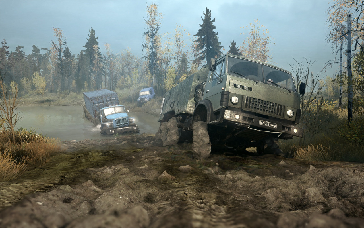 Скачать обои болото, грязь, тайга, УАЗ, КАМАЗ, УРАЛ, Spintires, MudRunner,  раздел игры в разрешении 1280x800