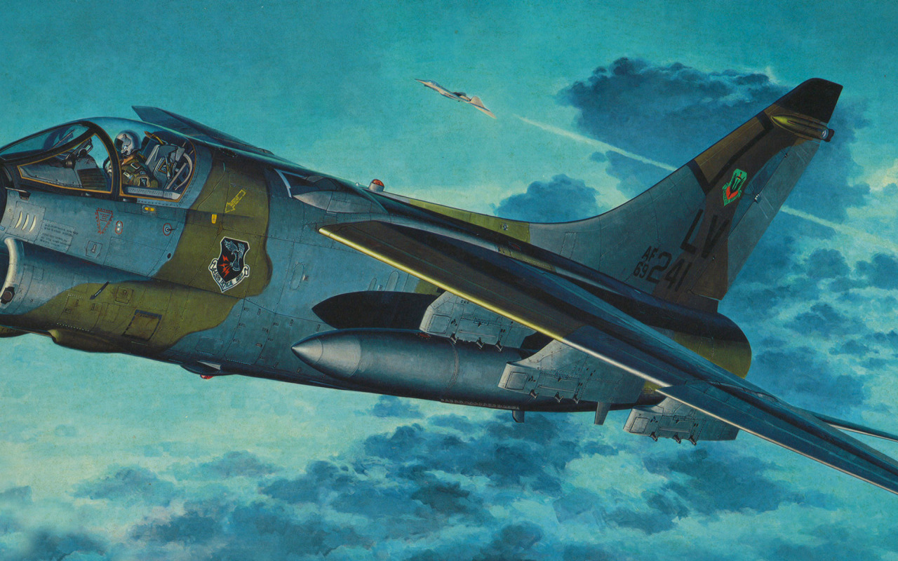 Скачать обои war, art, airplane, painting, jet, Vought A-7 Corsair II ...