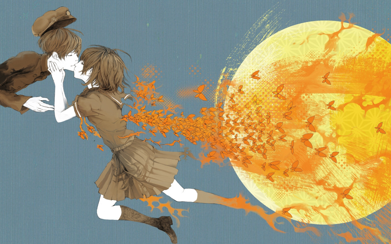 девушка, бабочка, поцелуй, аниме, арт, форма, парень, школьники