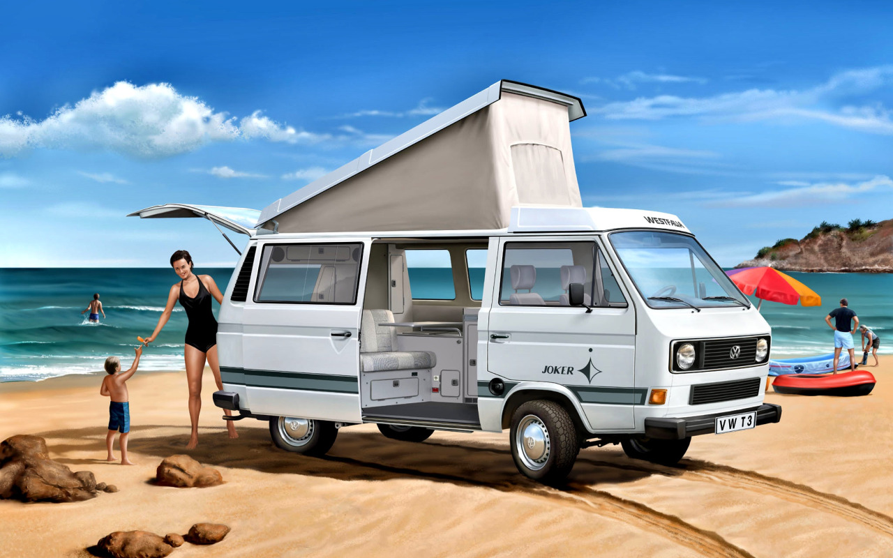 Скачать обои Пляж, Девушка, Камни, Ребёнок, Volkswagen T3, Camper, раздел  арт в разрешении 1280x800