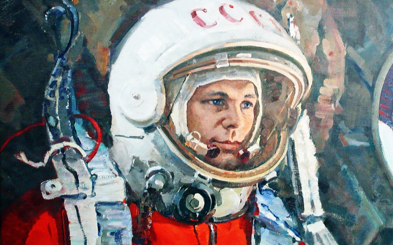 Полет первого космонавта длился. Живопись портрет Плотнов Гагарин.