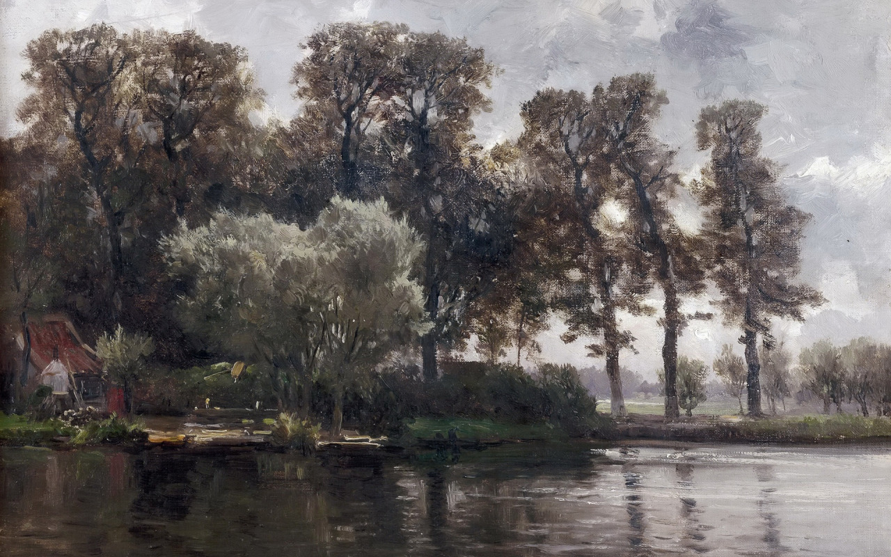 вода, деревья, пейзаж, дом, картина, Карлос де Хаэс, Канал в Голландии