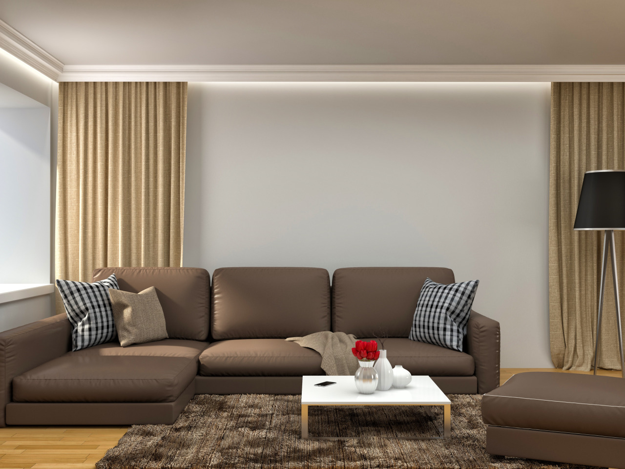 шторы с коричневым диваном в интерьере