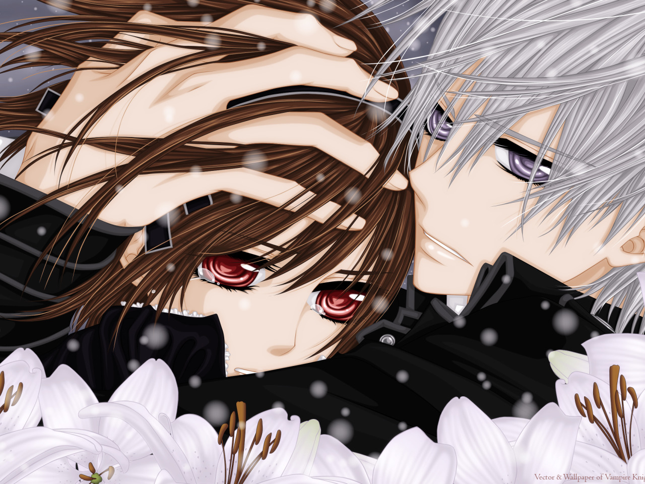 Скачать обои взгляд, снег, цветы, слезы, объятия, Vampire Knight, Yuki,  Zero, раздел прочее в разрешении 1280x960