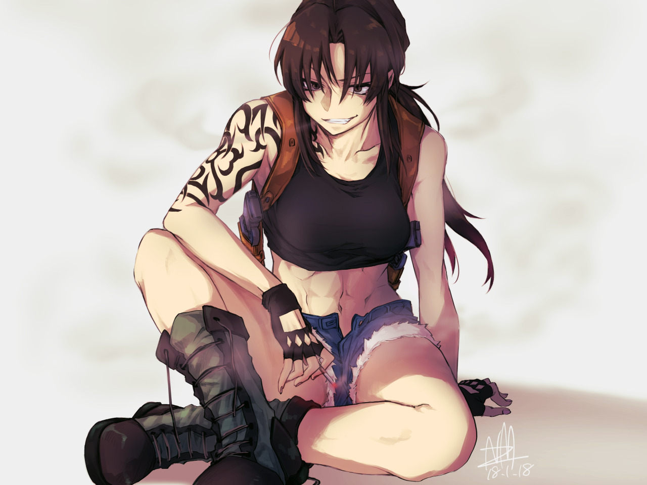 Скачать обои Black Lagoon, Revy, girl, gun, shorts, smoke, weapon, anime,  раздел сэйнэн в разрешении 1280x960