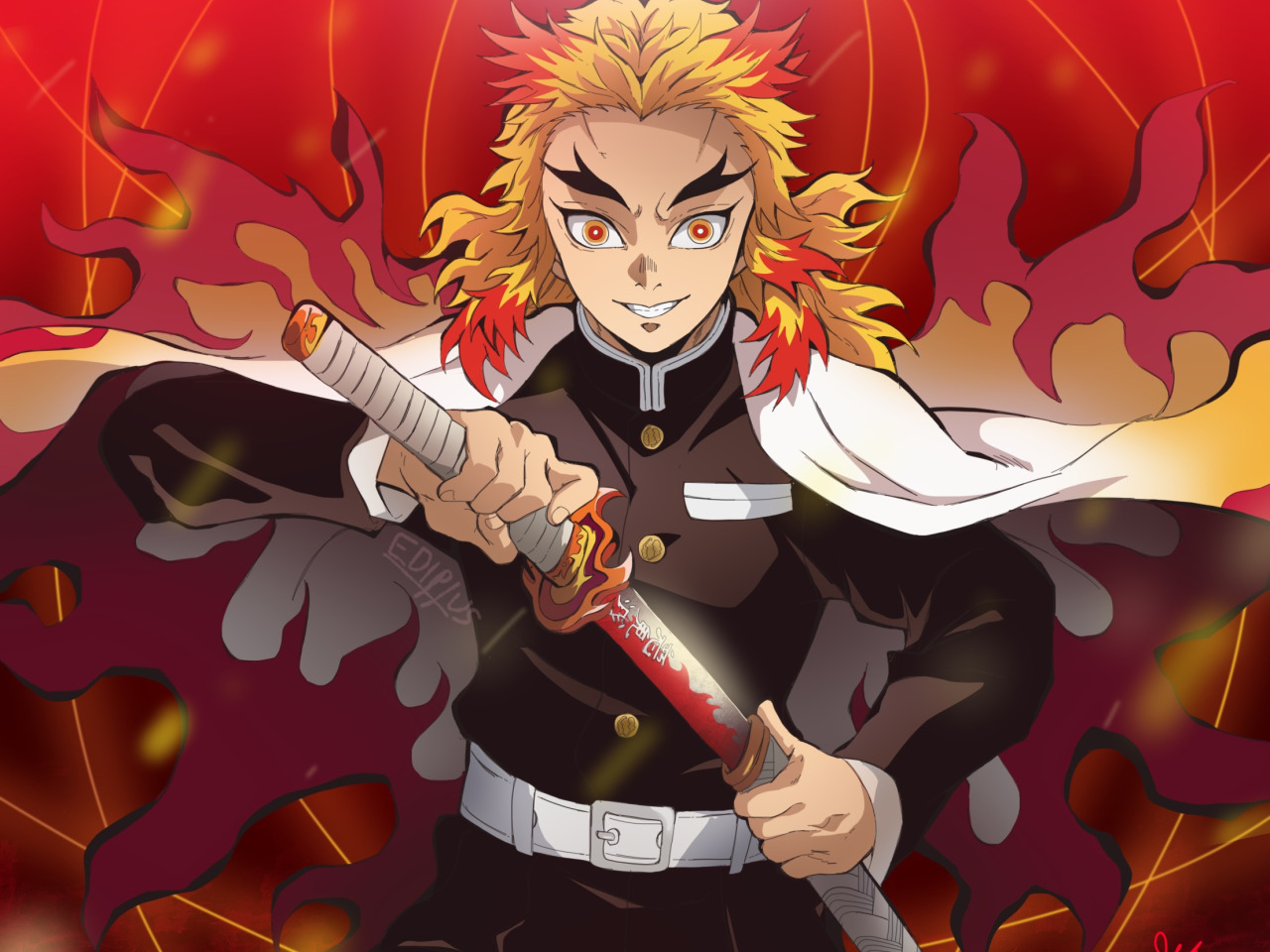 Скачать обои взгляд, меч, парень, Demon Slayer Kimetsu no Yaiba, Клинок  Рассекающий Демонов, Kyojuro Rengoku, раздел сёнэн в разрешении 1280x960