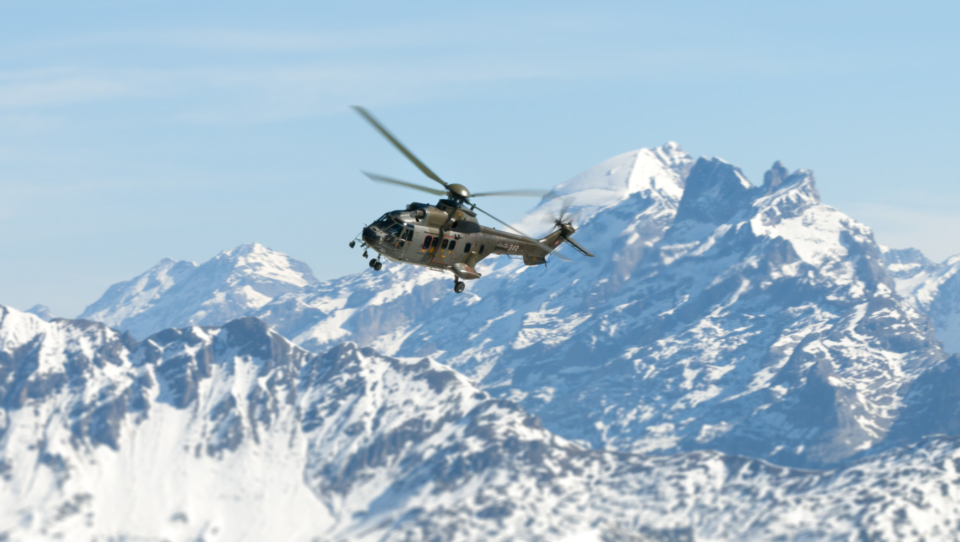 небо, снег, горы, вершины, вертолёт