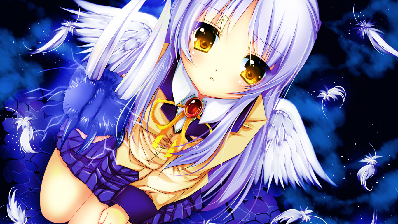 Скачать обои девушка, крылья, аниме, перья, арт, школьница, angel beats!,  ангельские ритмы, раздел сёдзё в разрешении 1364x768