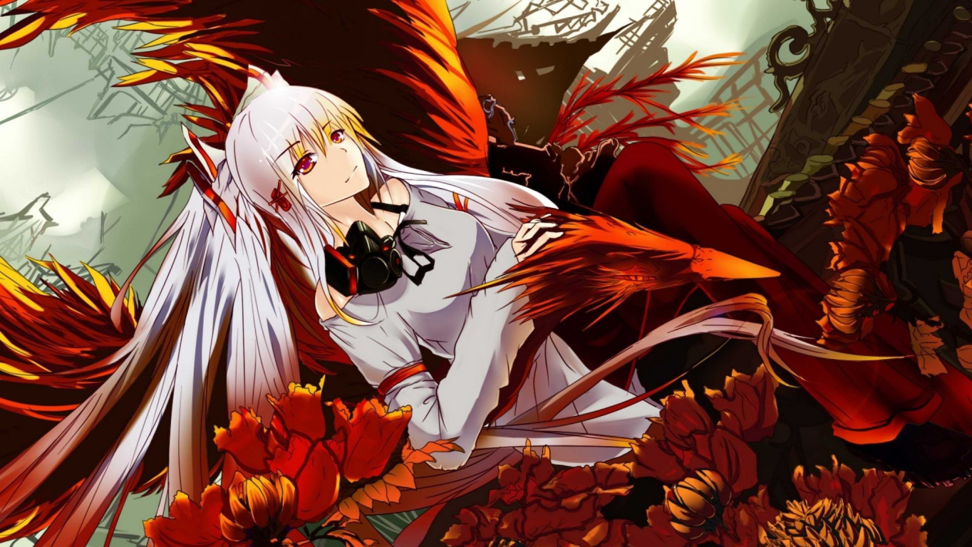 Скачать обои девушка, цветы, аниме, арт, феникс, fujiwara no mokou, раздел  прочее в разрешении 1364x768