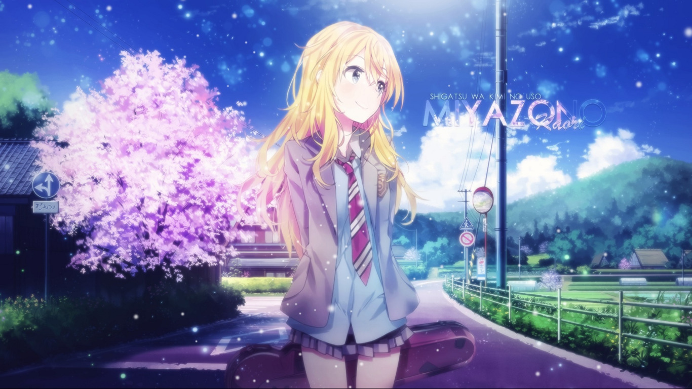 Скачать обои anime, sunny day, sakura, blue sky, cute, particles, miyazono  kaori, your lie in april, раздел прочее в разрешении 1366x768