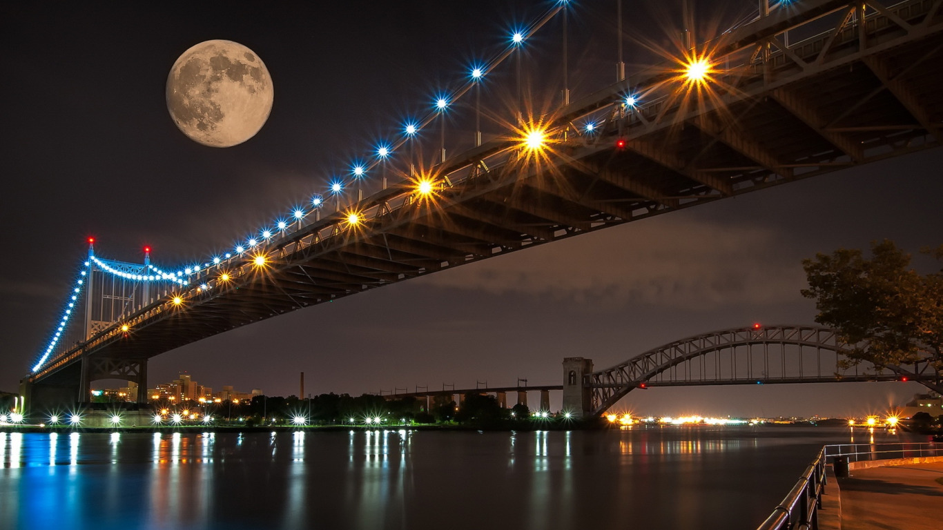 ночь, мост, город, река, луна
