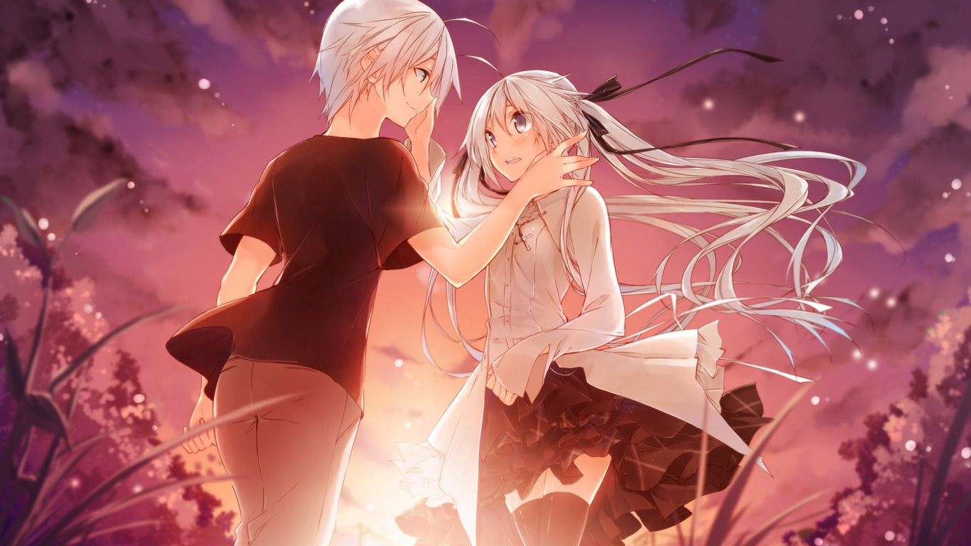 Скачать обои улыбка, рассвет, платье, пара, Аниме, белые волосы, kasugano  sora, Yosuga no Sora, раздел прочее в разрешении 1366x768