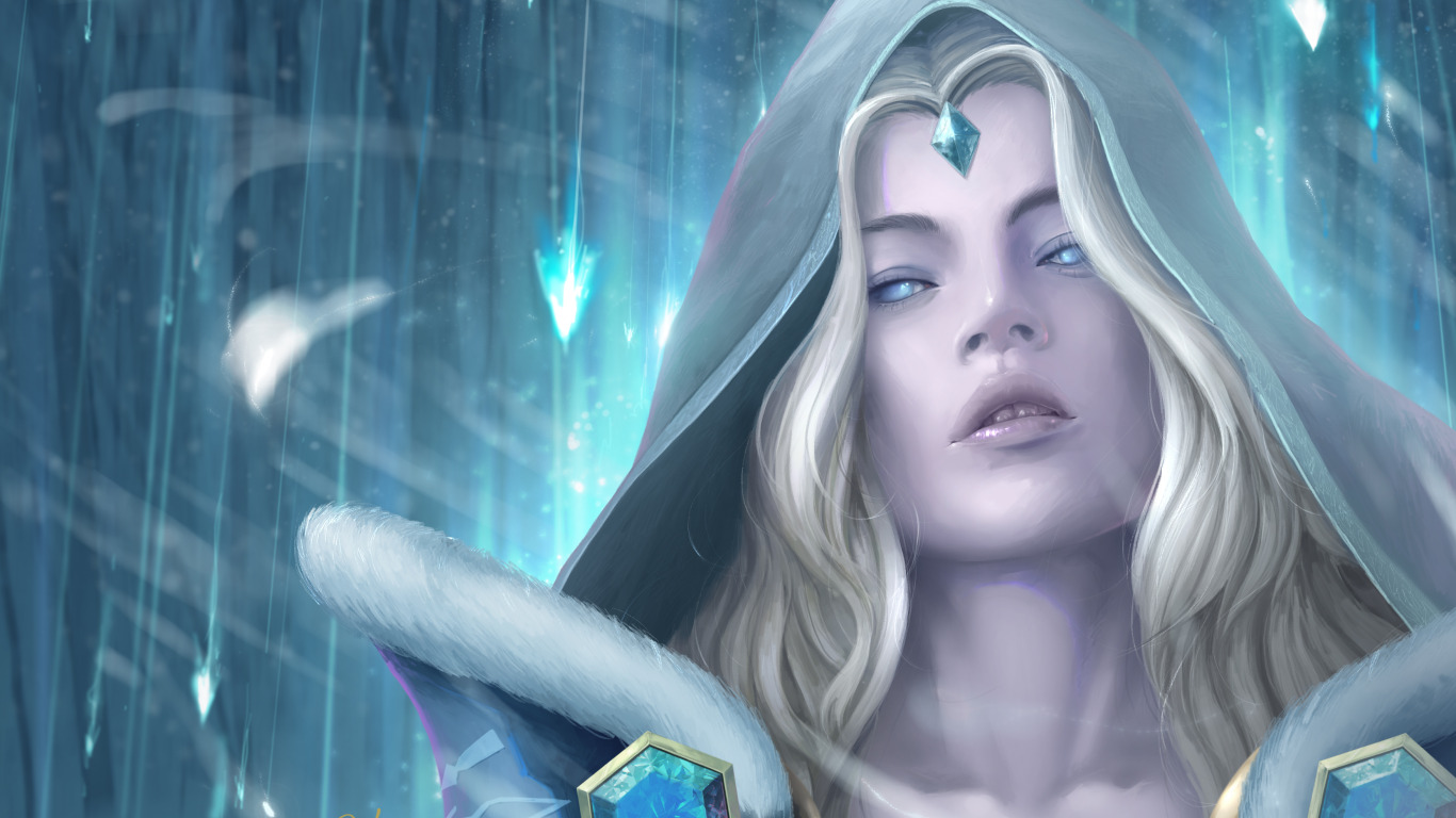 Скачать обои девушка, снег, арт, блондинка, цепь, Crystal Maiden, Dota 2,  ледяные стрелы, раздел игры в разрешении 1366x768