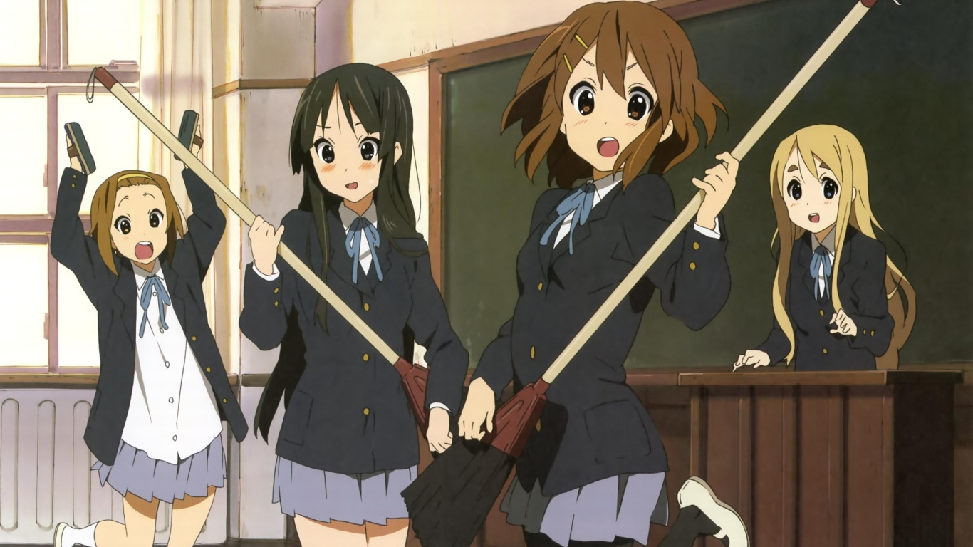 Скачать обои k-on!, anime, mio akiyama, yui hirasawa, tsumugi kotobuki,  ritsu tainaka, раздел прочее в разрешении 1366x768