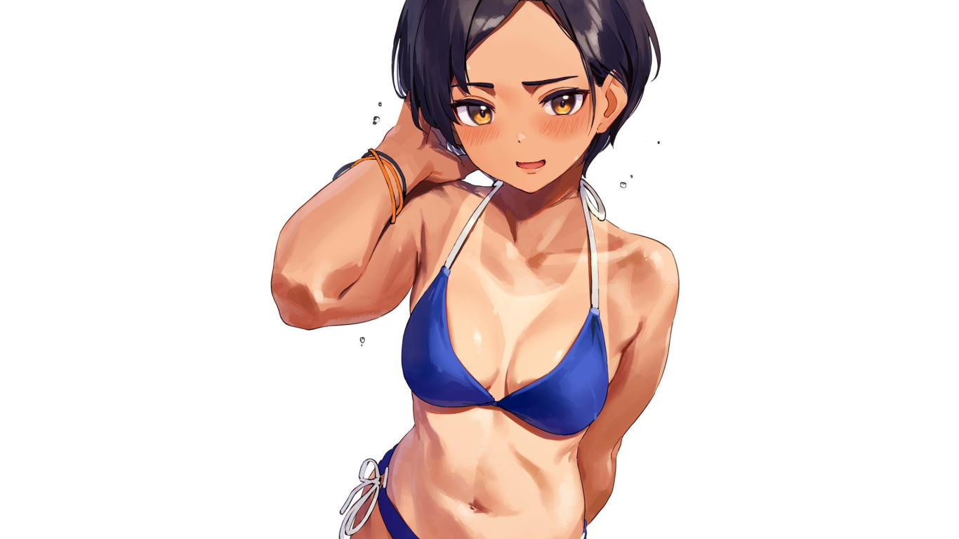 Скачать обои sexy, Anime, girls, short hair, bikini, tan, tanned, раздел  сэйнэн в разрешении 1366x768