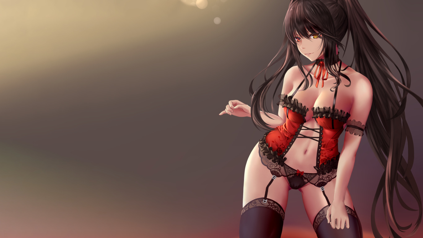 Скачать обои girl, sexy, lingerie, cleavage, panties, thighhighs, long  hair, boobs, раздел сэйнэн в разрешении 1366x768