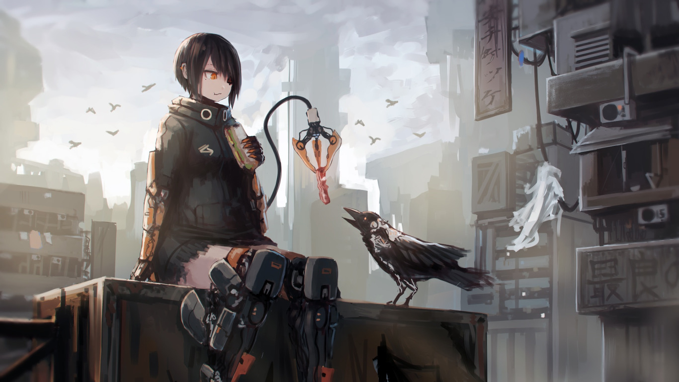 Скачать обои city, future, girl, fantasy, robot, android, bird, crow,  раздел прочее в разрешении 1366x768