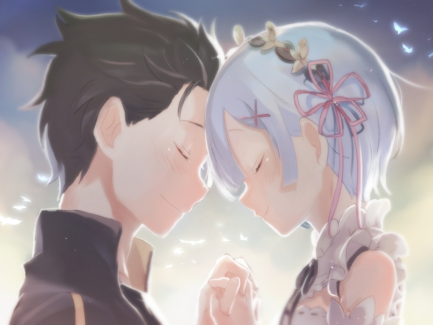 Скачать обои девушка, аниме, арт, парень, двое, Субару, Романтика, Re: Zero  kara Hajimeru Isekai Seikatsu, раздел сёнэн в разрешении 1400x1050