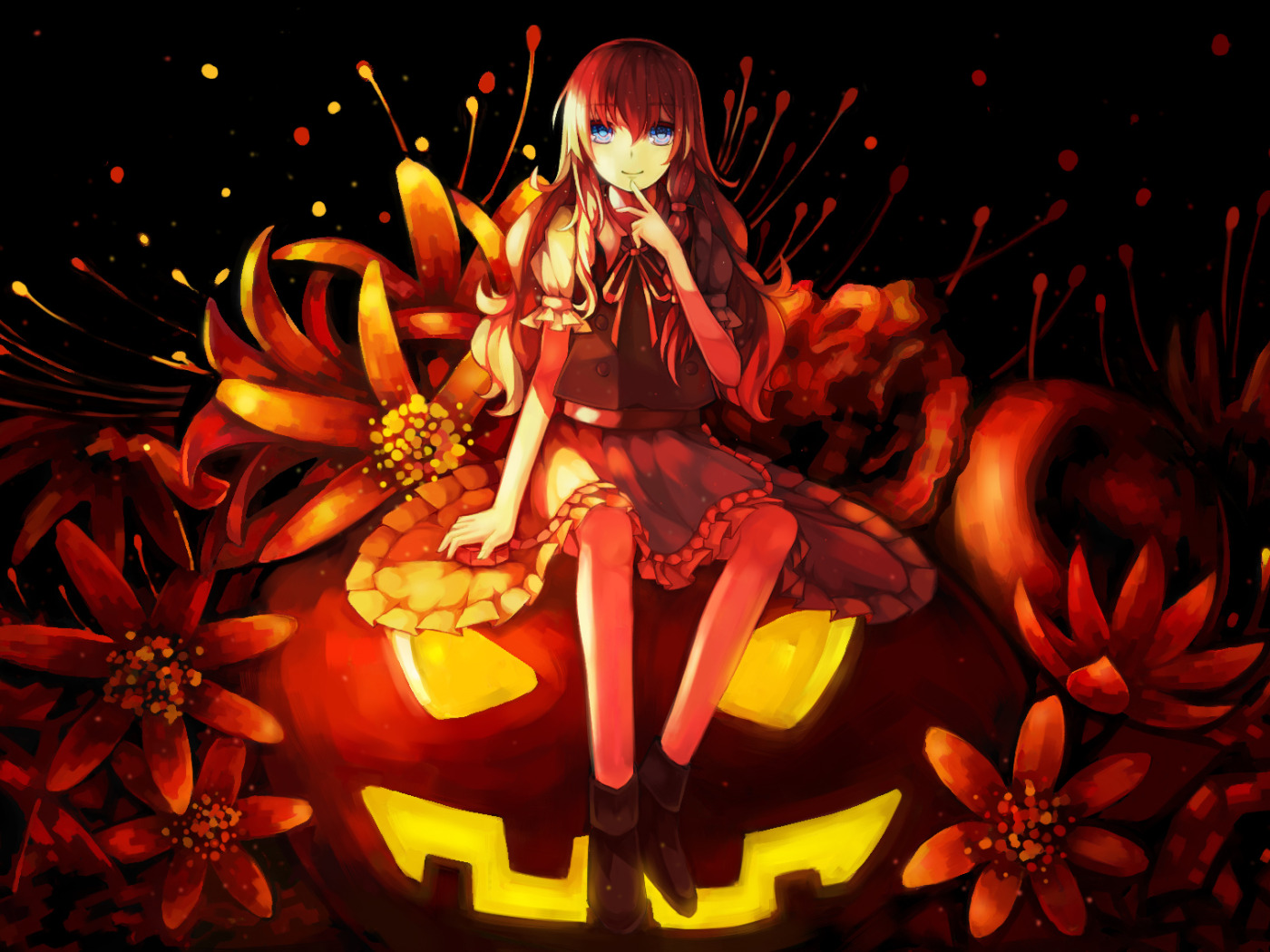 Скачать обои девушка, цветы, праздник, аниме, арт, тыква, halloween,  touhou, раздел прочее в разрешении 1400x1050