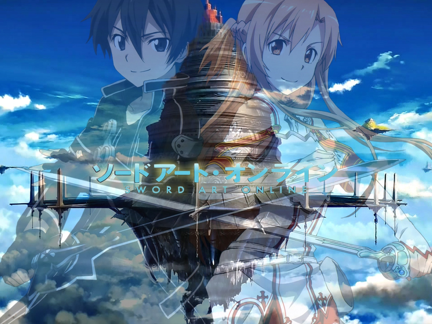 Скачать обои небо, облака, летающий остров, Yuuki Asuna, Sword Art Online,  Kirito, Kirigaya Kazuto, Мастера Меча Онлайн, раздел сёнэн в разрешении  1400x1050