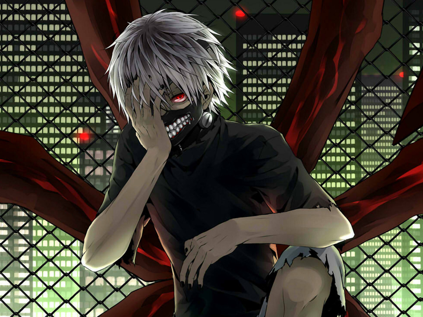 Скачать обои сетка, маска, парень, anime, art, красный глаз, токийский  гуль, Tokyo Ghoul, раздел прочее в разрешении 1400x1050