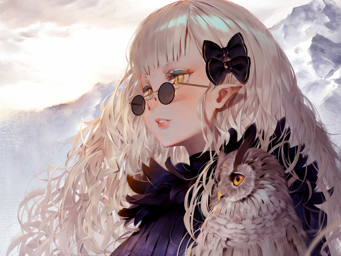 Скачать обои Girl, long hair, anime, art, birds, glasses, artwork, owl,  раздел арт в разрешении 1400x1050