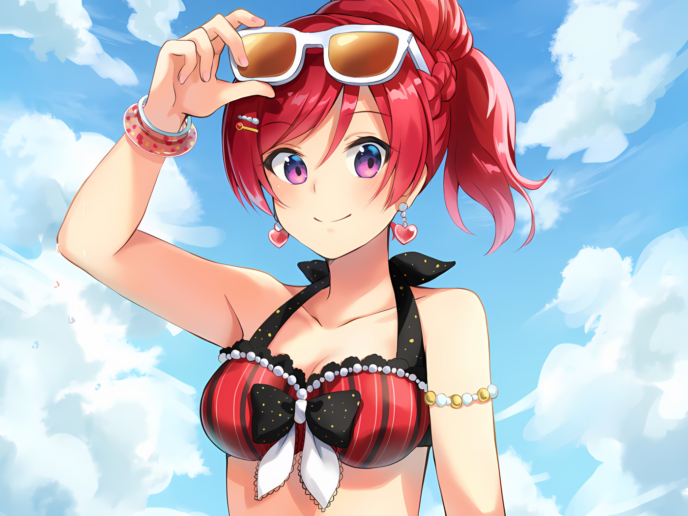 Скачать обои girl, sexy, cleavage, sky, red hair, long hair, boobs, anime,  раздел сэйнэн в разрешении 1400x1050