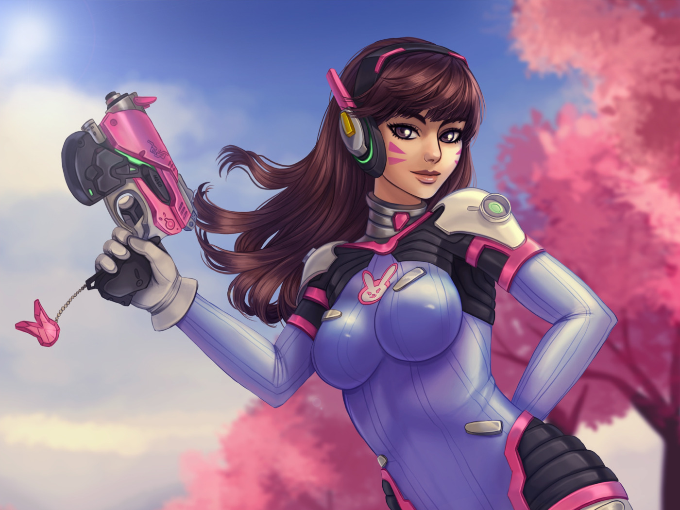 Скачать обои грудь, девушка, пистолет, арт, Overwatch, D.Va, hana song,  раздел игры в разрешении 1400x1050