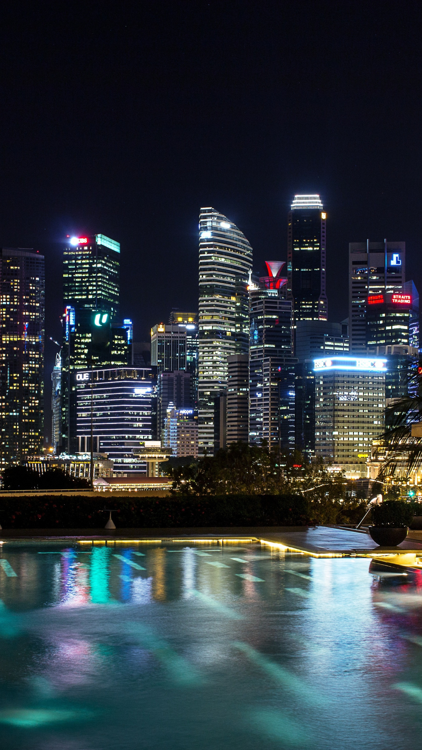ночь, огни, здания, Сингапур, небоскрёбы
