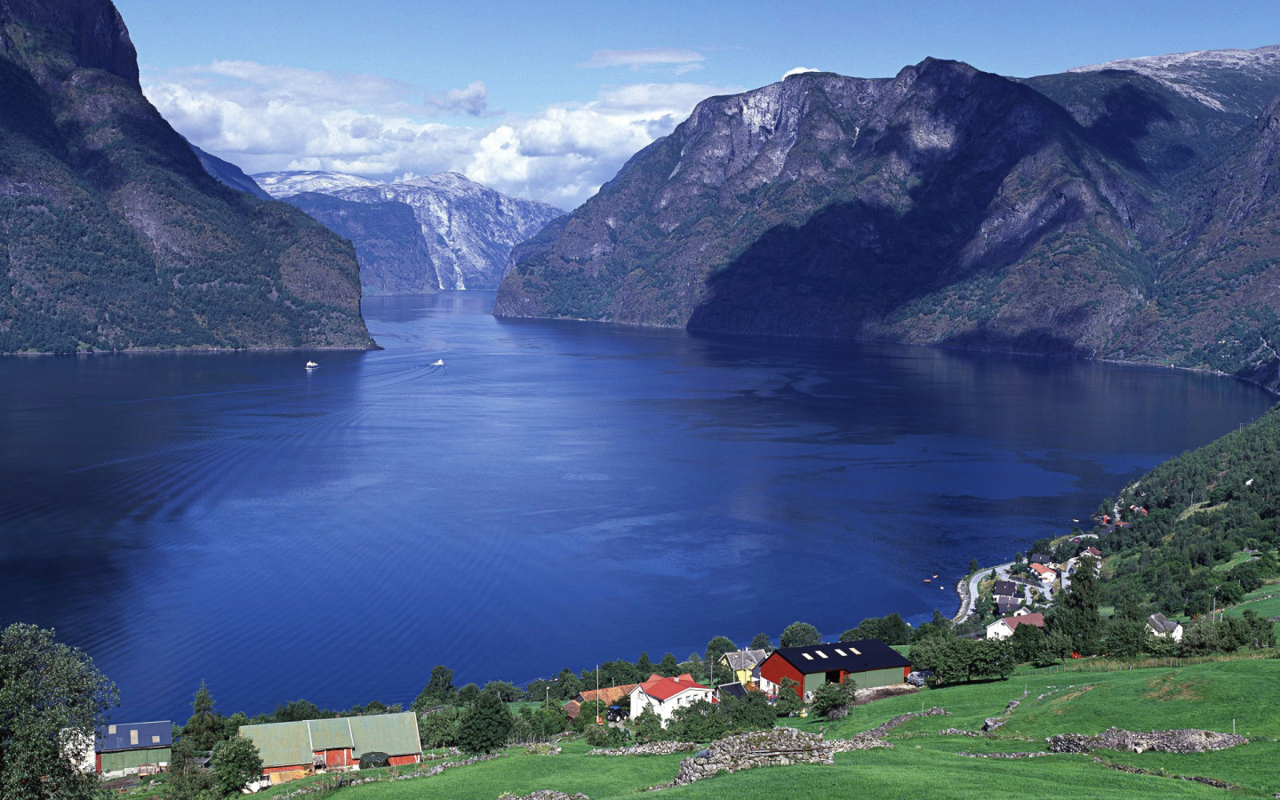 Скачать обои деревья, горы, берег, поля, дома, Норвегия, панорама, Norway,  раздел пейзажи в разрешении 1440x900