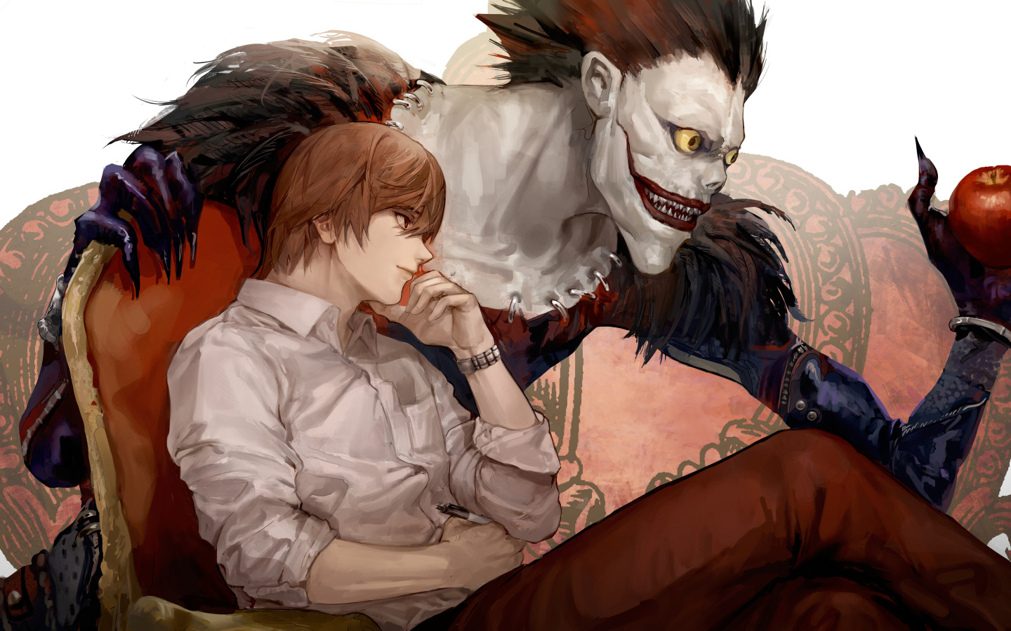 Скачать обои яблоко, парень, Death Note, Light Yagami, Ryuk, бог смерти,  раздел арт в разрешении 1440x900