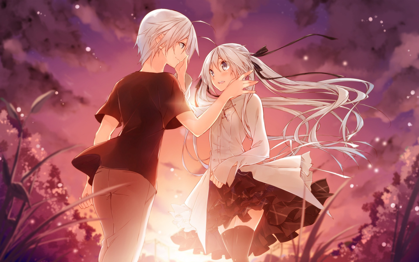 Скачать обои улыбка, рассвет, платье, пара, Аниме, белые волосы, kasugano  sora, Yosuga no Sora, раздел прочее в разрешении 1440x900