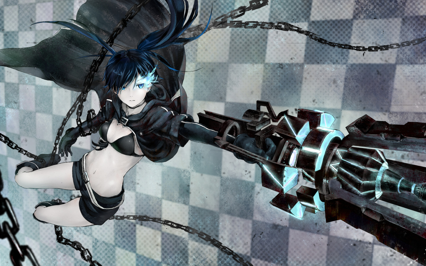 Скачать обои девушка, оружие, аниме, арт, пушка, цепи, black rock shooter,  стрелок с черной скалы, раздел сэйнэн в разрешении 1440x900