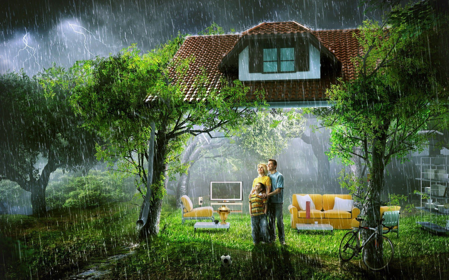 Дом на природе. Креативная природа. Дом под дождем. Дождь и домик.