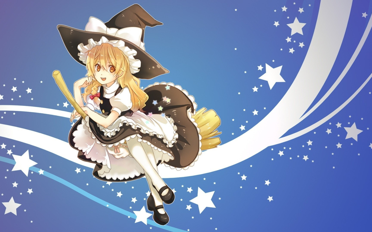 Скачать обои полет, ведьма, метла, звездочки, touhou, оборки, Kirisame  Marisa, шляпа ведьмы, раздел игры в разрешении 1440x900