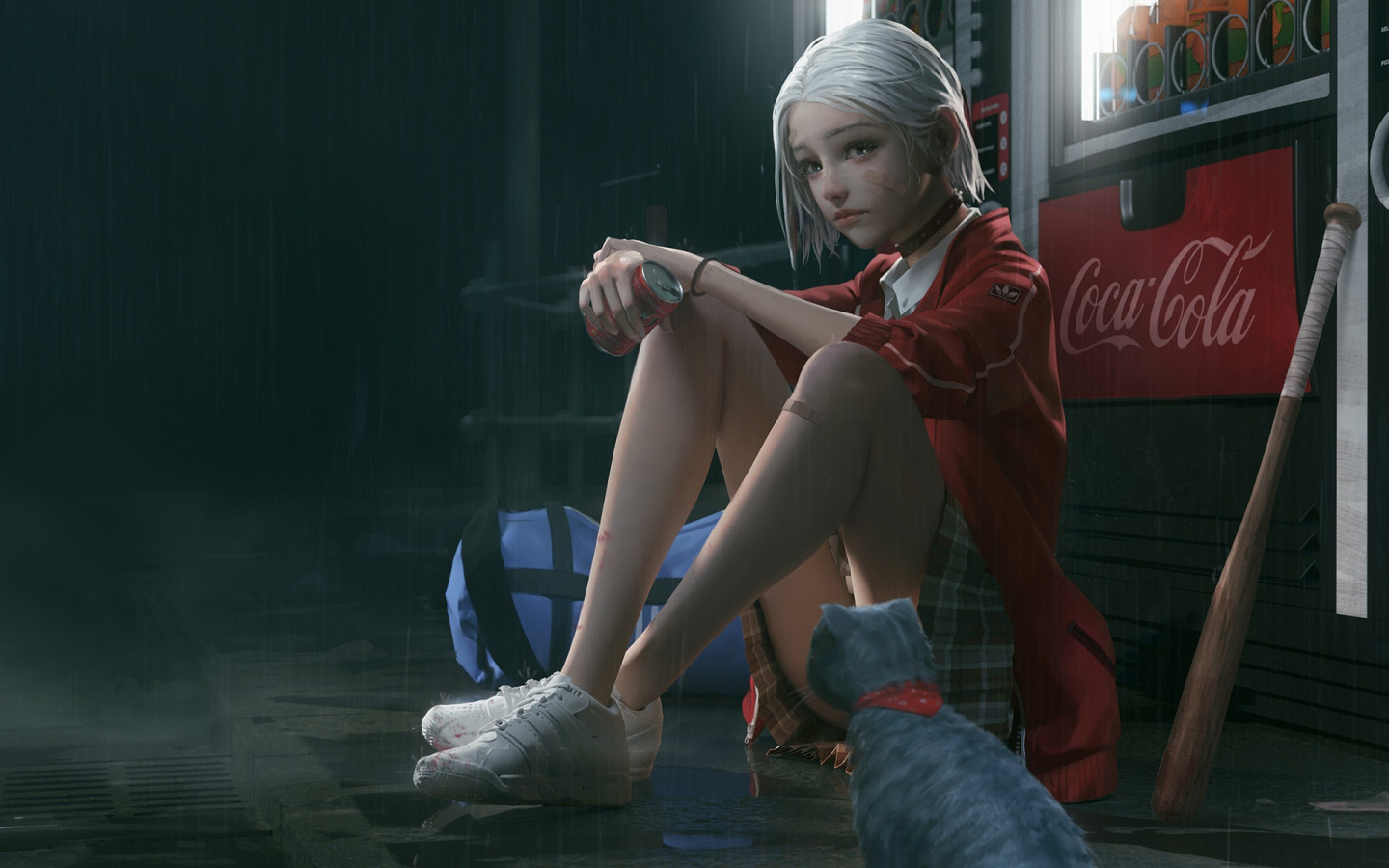 Скачать обои girl, rain, anime, cat, street, artist, bag, Coca Cola, раздел  прочее в разрешении 1440x900