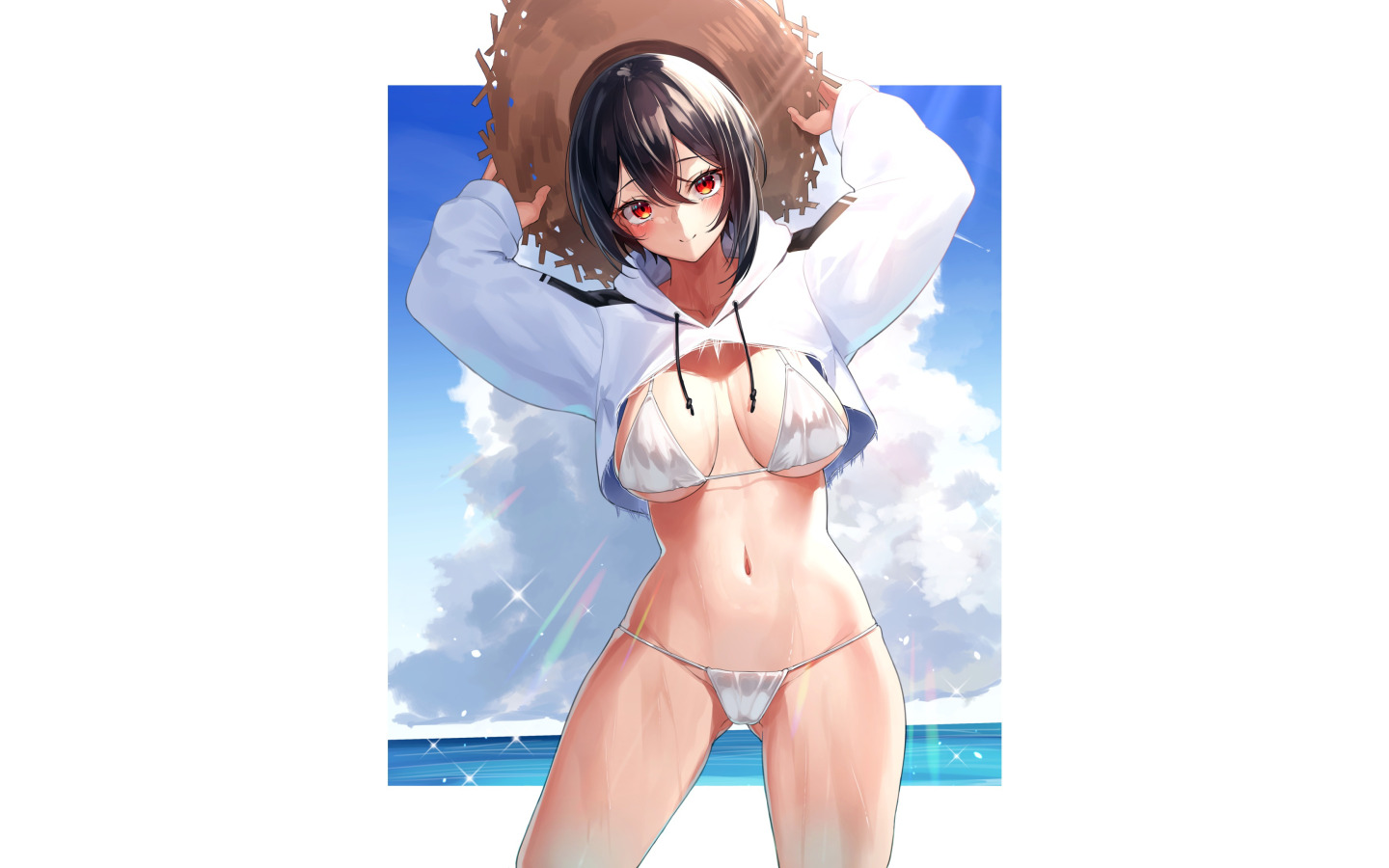 Скачать обои girl, sexy, sea, ocean, hat, boobs, anime, pretty, раздел  сэйнэн в разрешении 1440x900