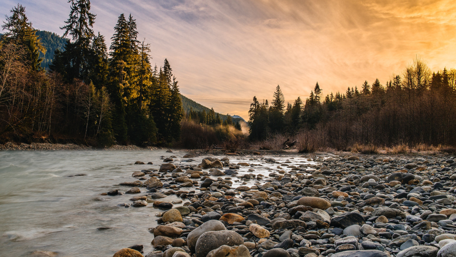 закат, река, камни