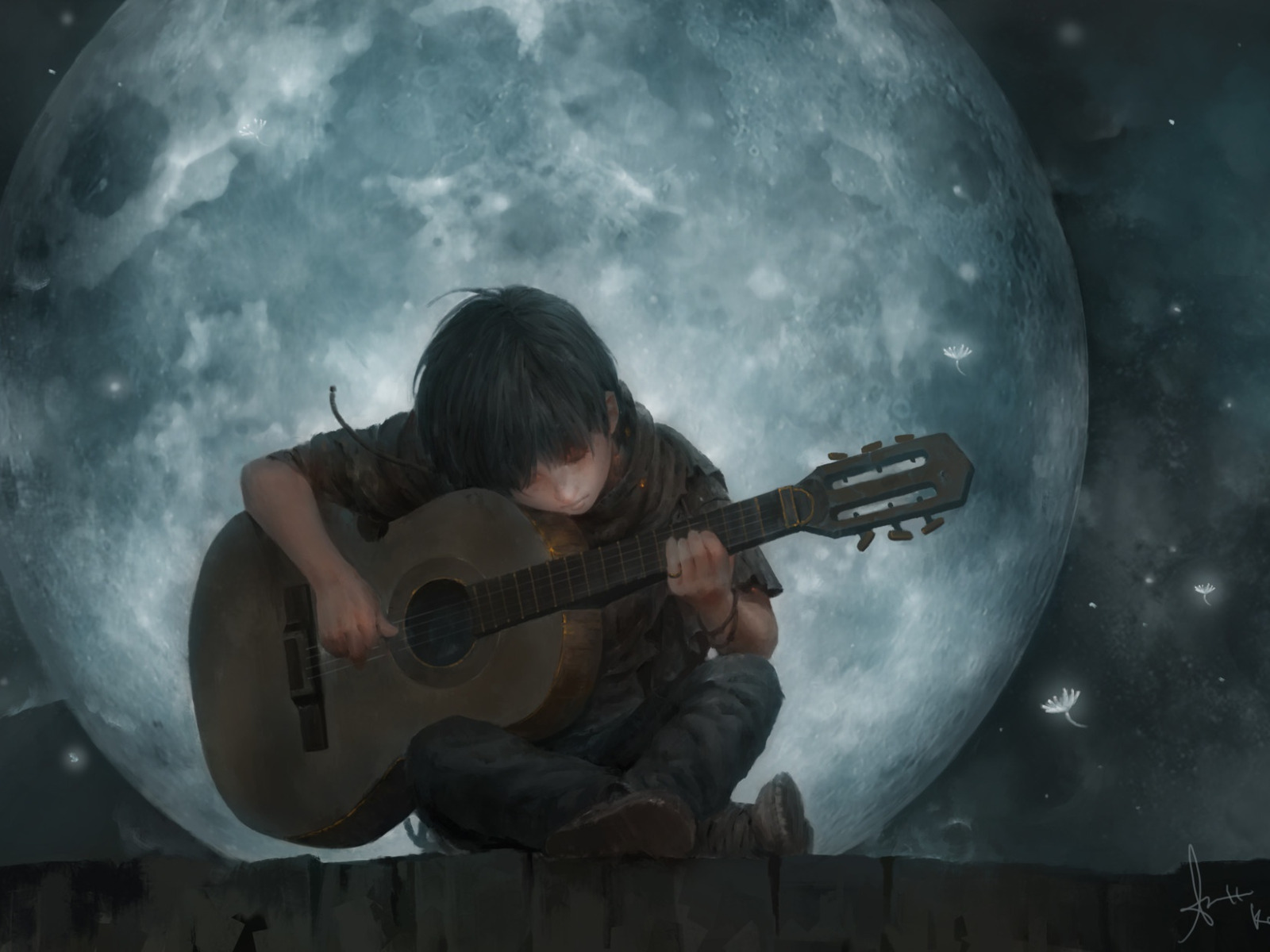 Темная луна укажет. Anatu Bleach. Гитарист арт. Парень с гитарой арт.