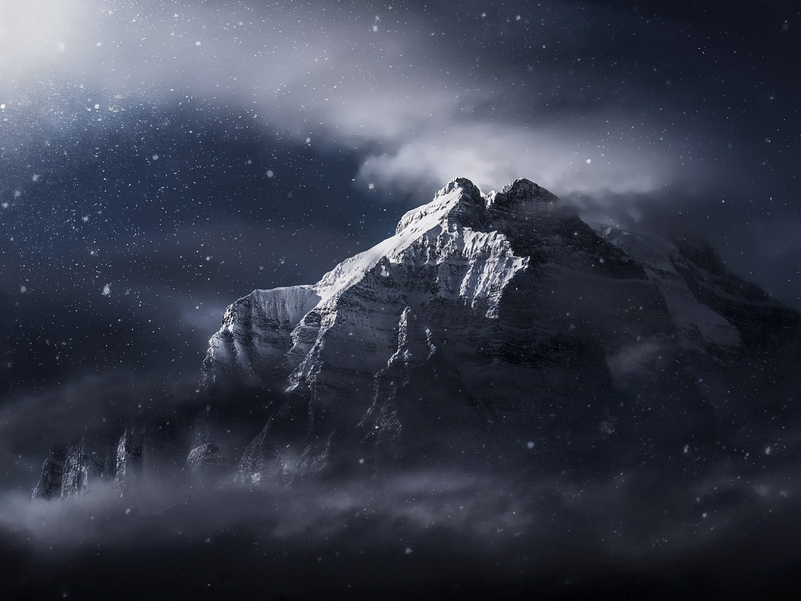 зима, облака, свет, снег, горы, мрак