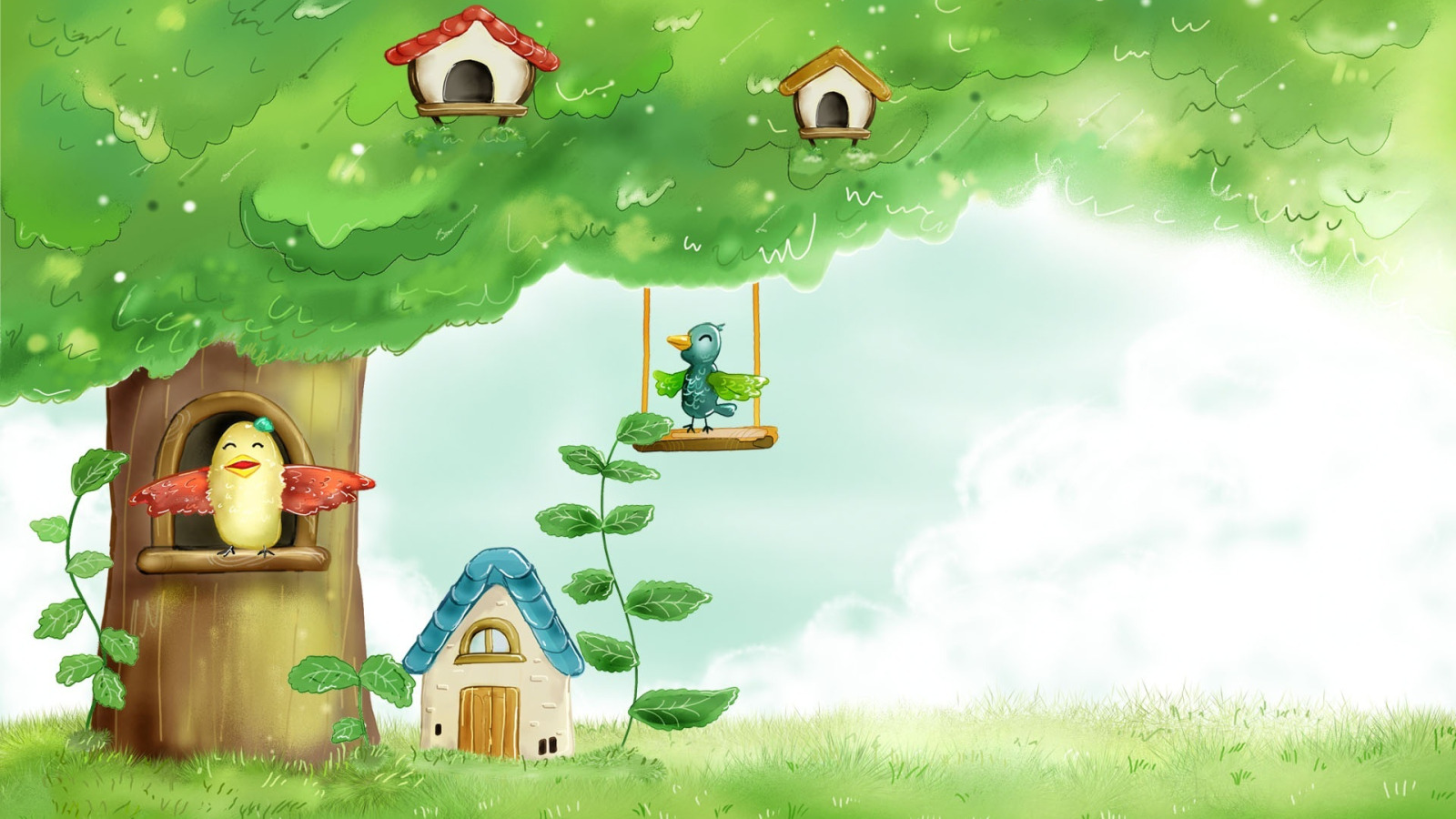Скачать обои небо, трава, листья, детство, дерево, птица, рисунок, сказка,  раздел живопись в разрешении 1600x900