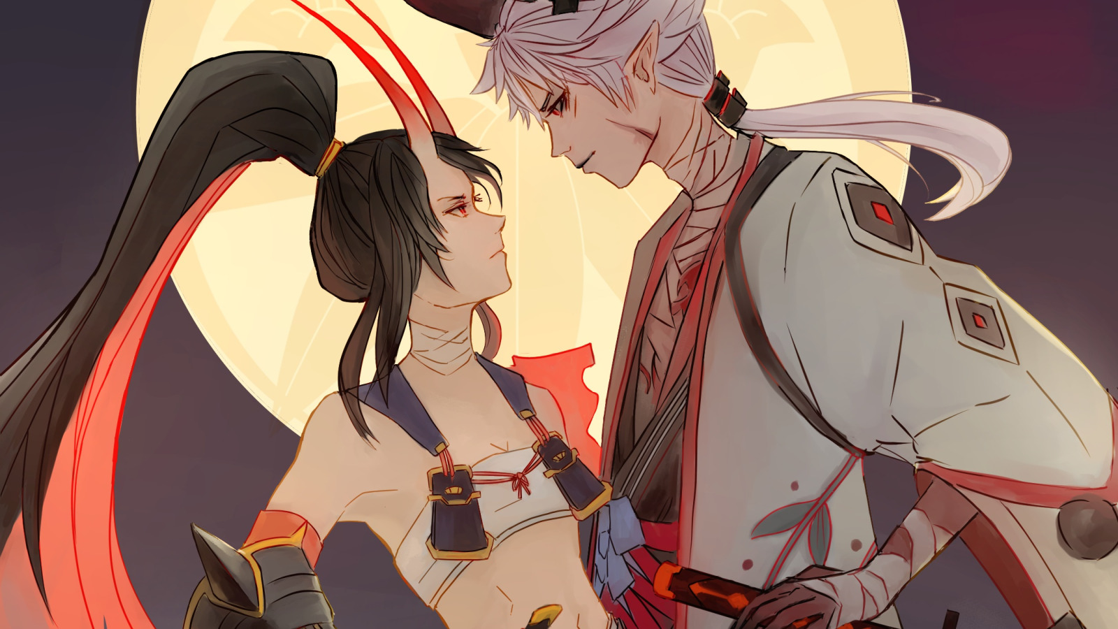 Скачать обои луна, мечи, двое, демоны, Onmyouji, Onmyoji, Onmyouji  (NetEase), Onikiri, раздел арт в разрешении 1600x900