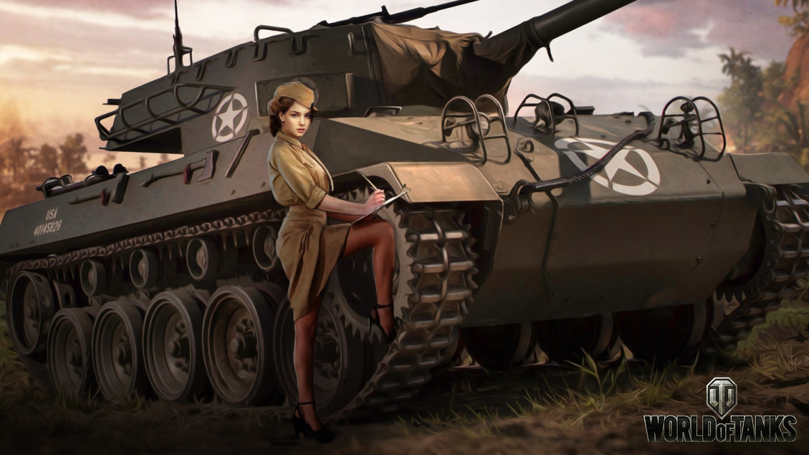 Скачать обои девушка, рисунок, арт, форма, пилотка, американская, World of  Tanks, пт-сау, раздел игры в разрешении 1600x900