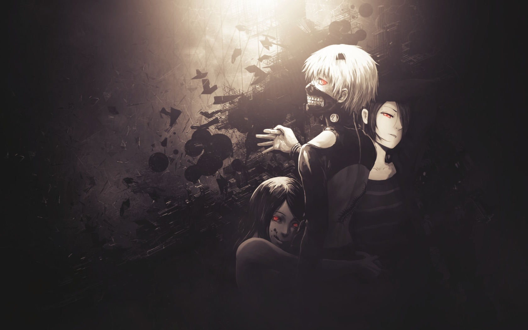 Скачать обои anime, art, токийский гуль, Tokyo Ghoul, Ken Kaneki, Kirishima  Touka, Rize Kamishiro, раздел прочее в разрешении 1680x1050