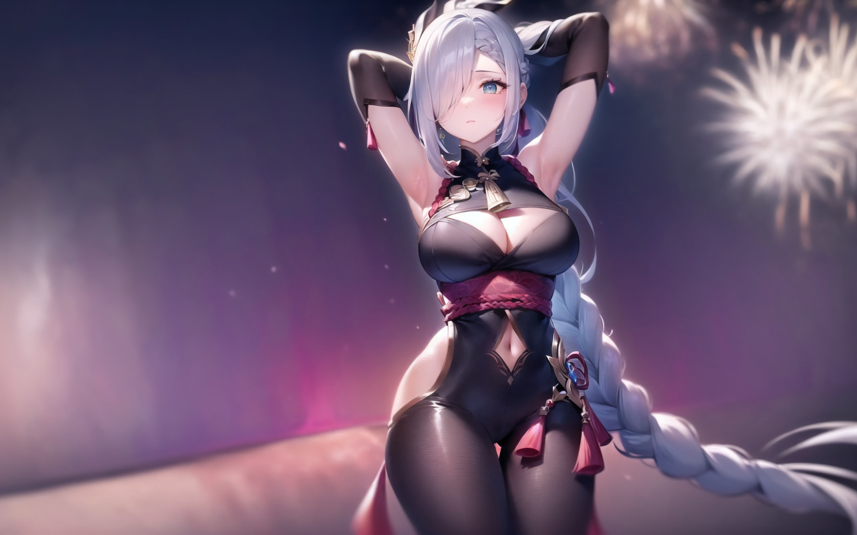 Скачать обои cleavage, solo, big boobs, braids, white hair, belly button,  armpits, hair over one eye, раздел прочее в разрешении 1680x1050