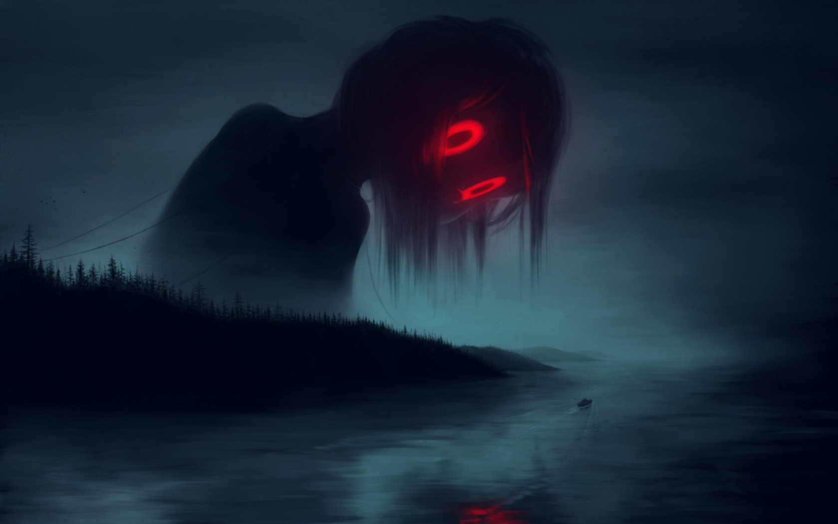 Туман хоррор. Темный силуэт с красными глазами. Чёрное существо с красными глазами.