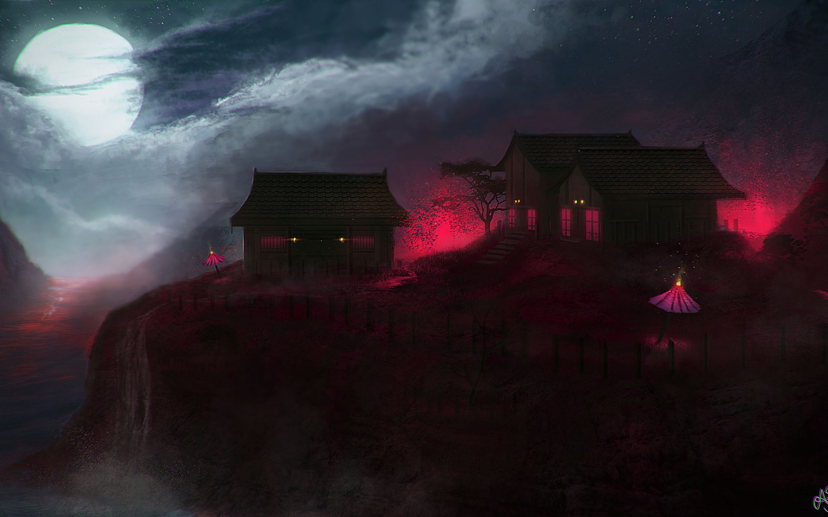 Город полумесяца дом пламени и тени. Мистические пейзажи. Мрачный пейзаж. Темный пейзаж. Японская деревня ночью.