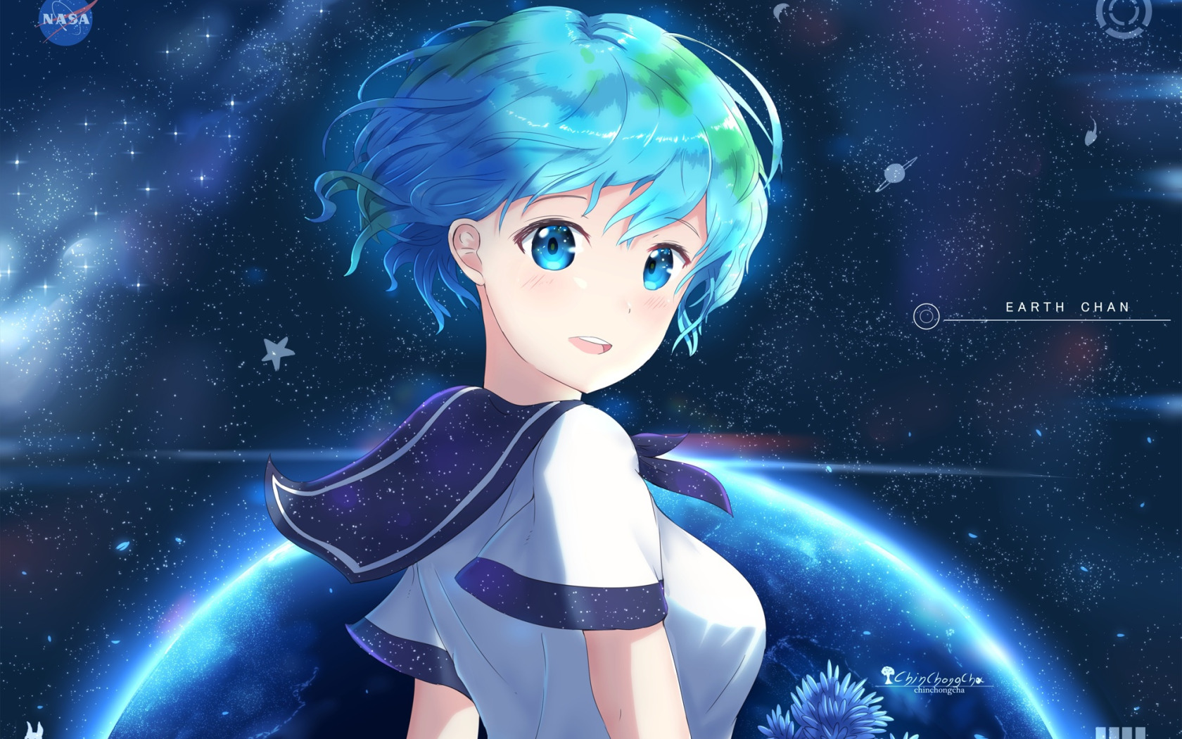 Скачать обои взгляд, фон, аниме, девочка, earth-chan, раздел арт в  разрешении 1680x1050